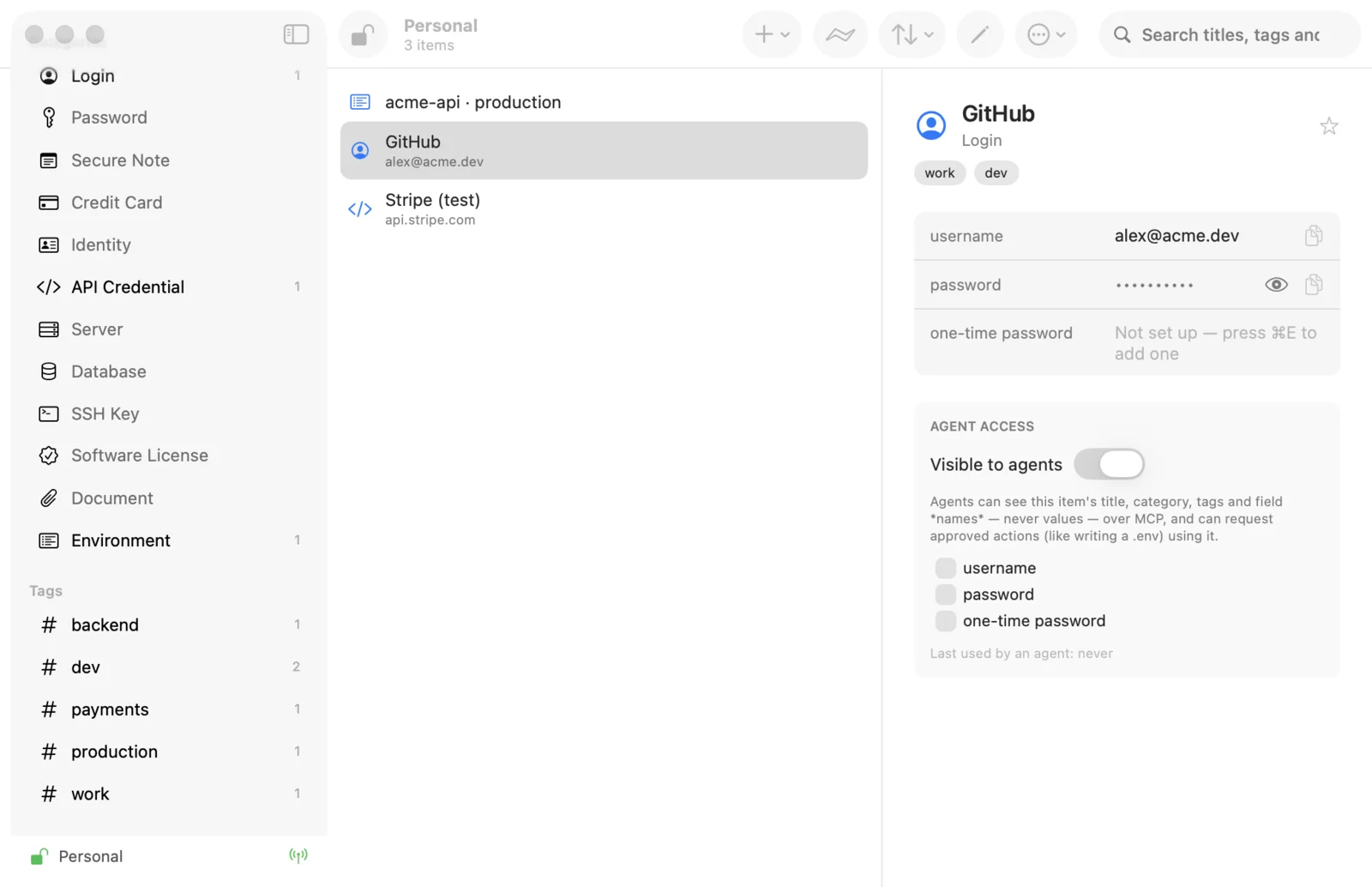 An item's Agent access panel, with a Visible to agents switch and per-field checkboxes.