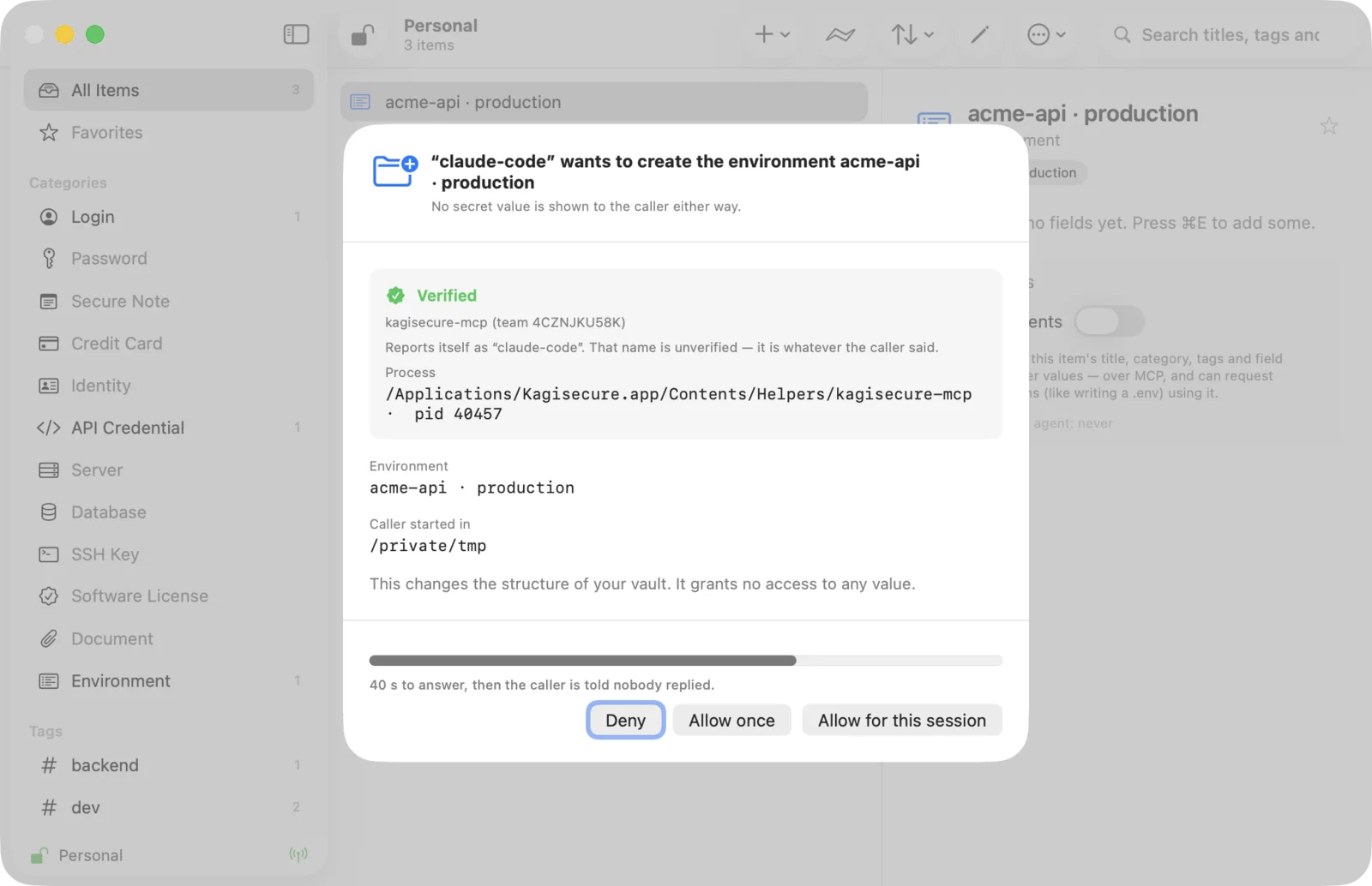 Kagisecure approval sheet: an agent asks to create an environment, showing the verified caller, the process path and the countdown, with Deny, Allow once and Allow for this session.