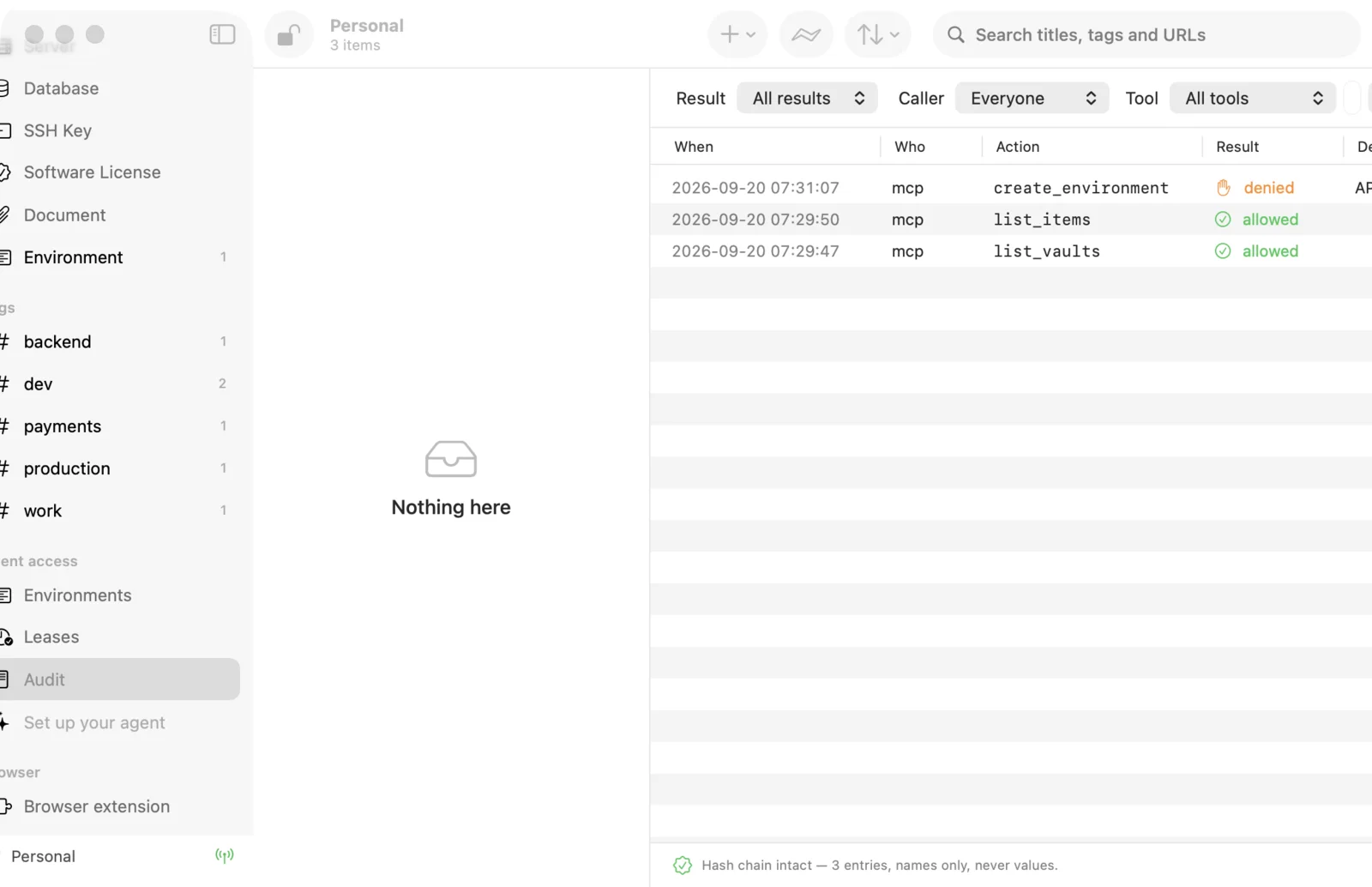 The audit log listing agent requests with caller, action and result, and a hash-chain check at the bottom.