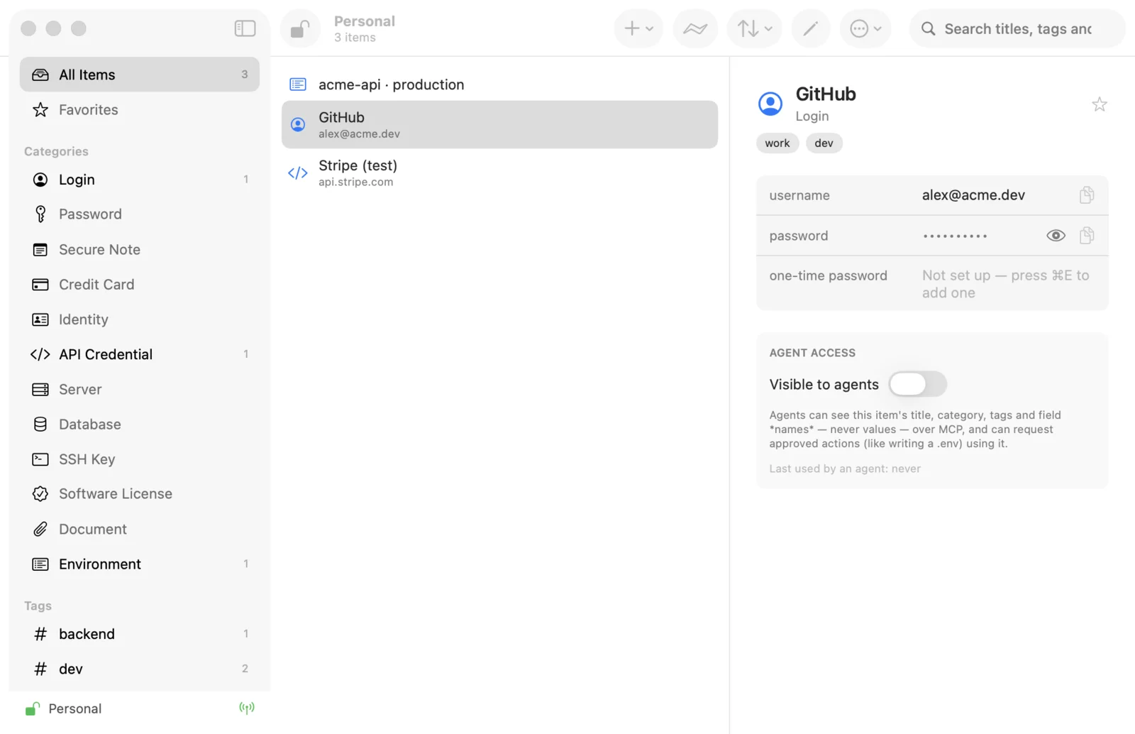The Kagisecure item list with logins, API credentials and environments, and an item's fields on the right.