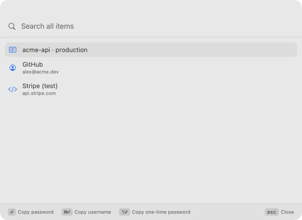 The Quick Access panel searching all items, with shortcuts to copy password, username or one-time password.